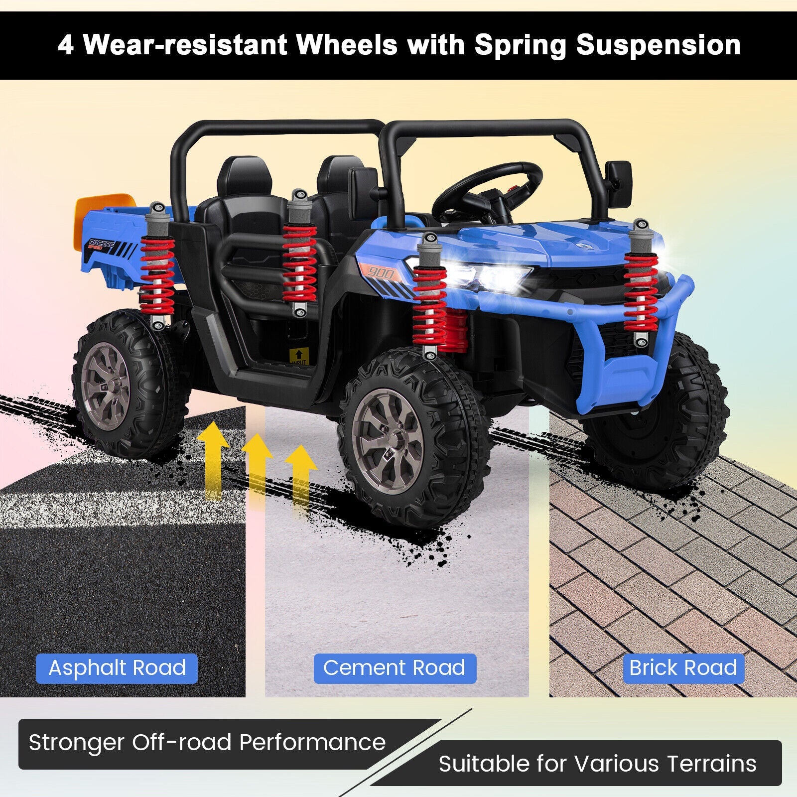 Electric Blue 2 Seater UTV Dump Truck with Remote Control, Dump Bed, and Shovel