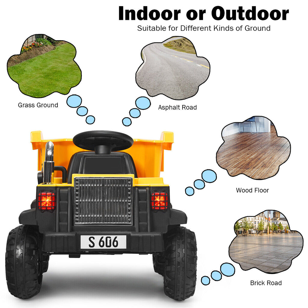 Electric Dump Truck RC Construction Tractor for Kids - 12V Battery Powered with Functional Bucket