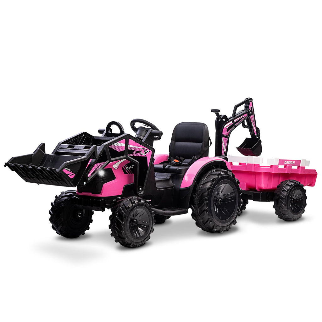Electric Excavator & Bulldozer Toy Car with Trailer and Music for Kids (24V)