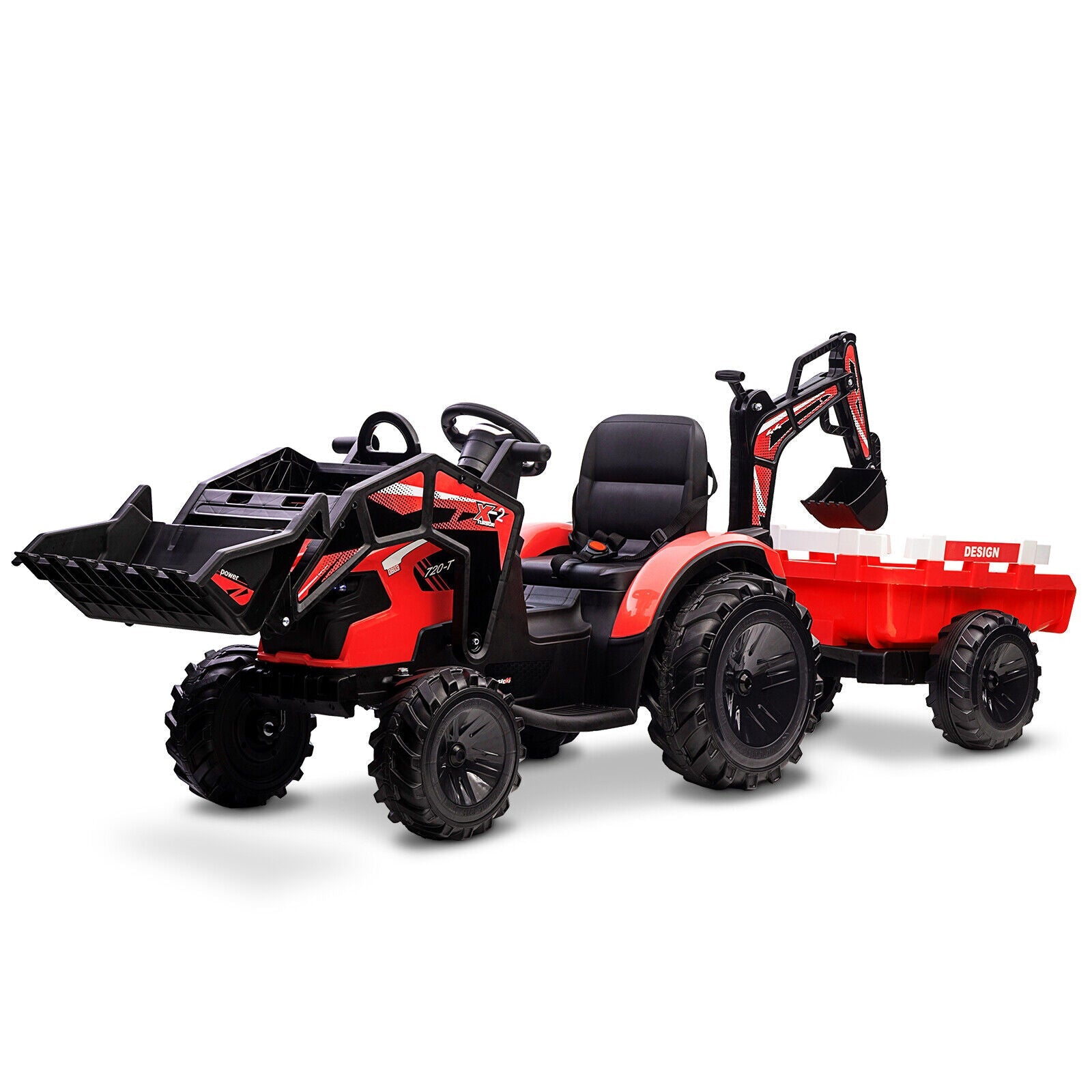 Electric Excavator & Bulldozer Toy Car with Trailer and Music for Kids (24V)