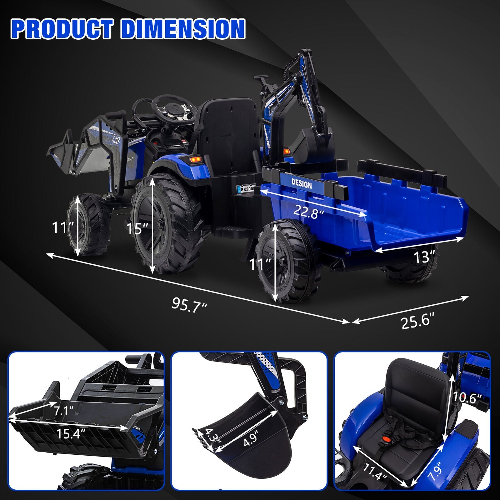 Electric Excavator & Bulldozer Toy Car with Trailer and Music for Kids (24V)