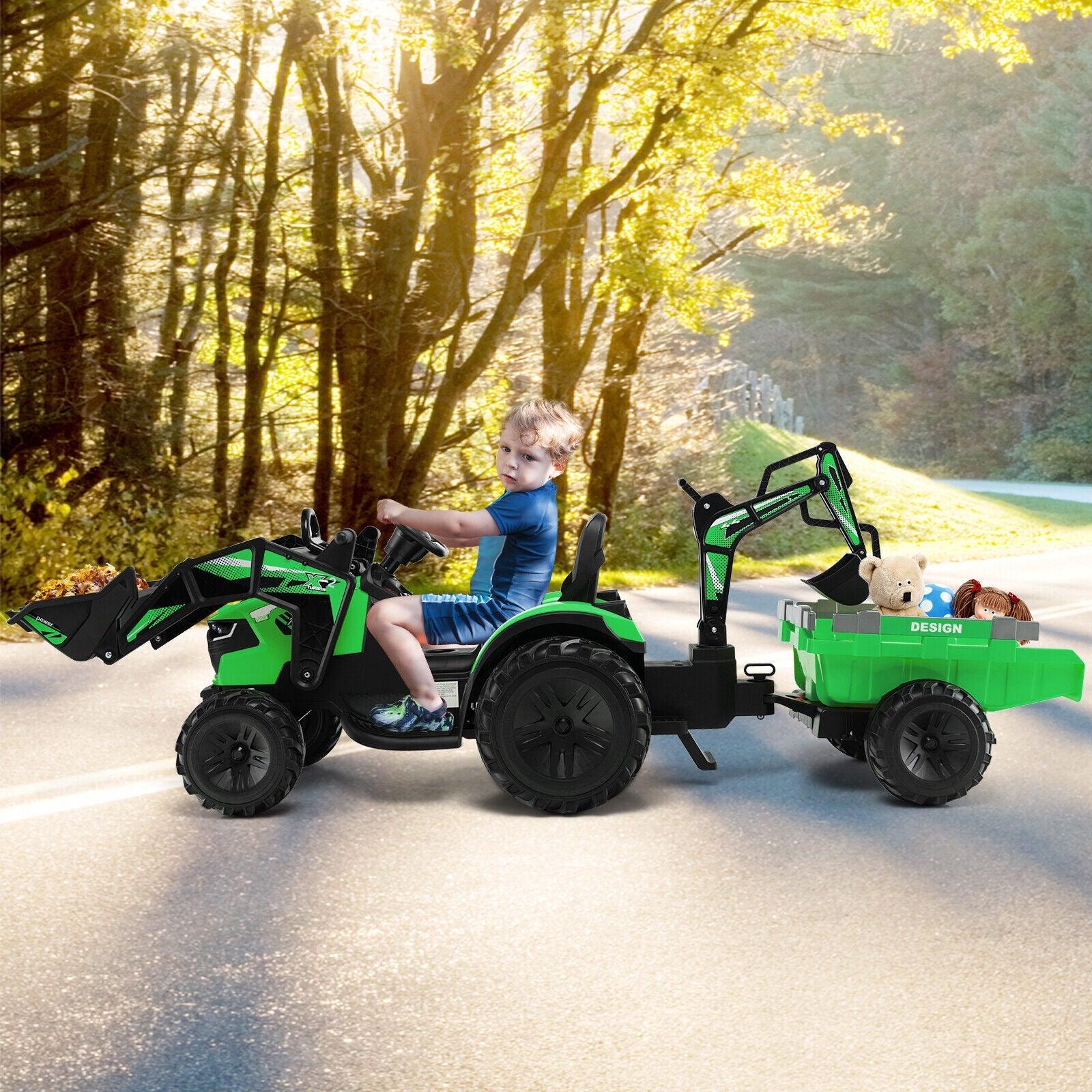 Electric Excavator Ride-On Toy for Kids with 12V Battery and 2 Modes - Green