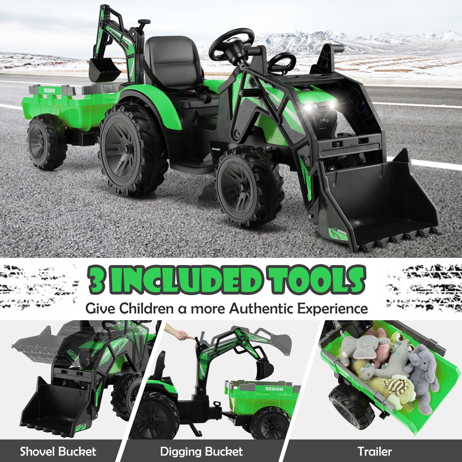 Electric Excavator Ride-On Toy for Kids with 12V Battery and 2 Modes - Green