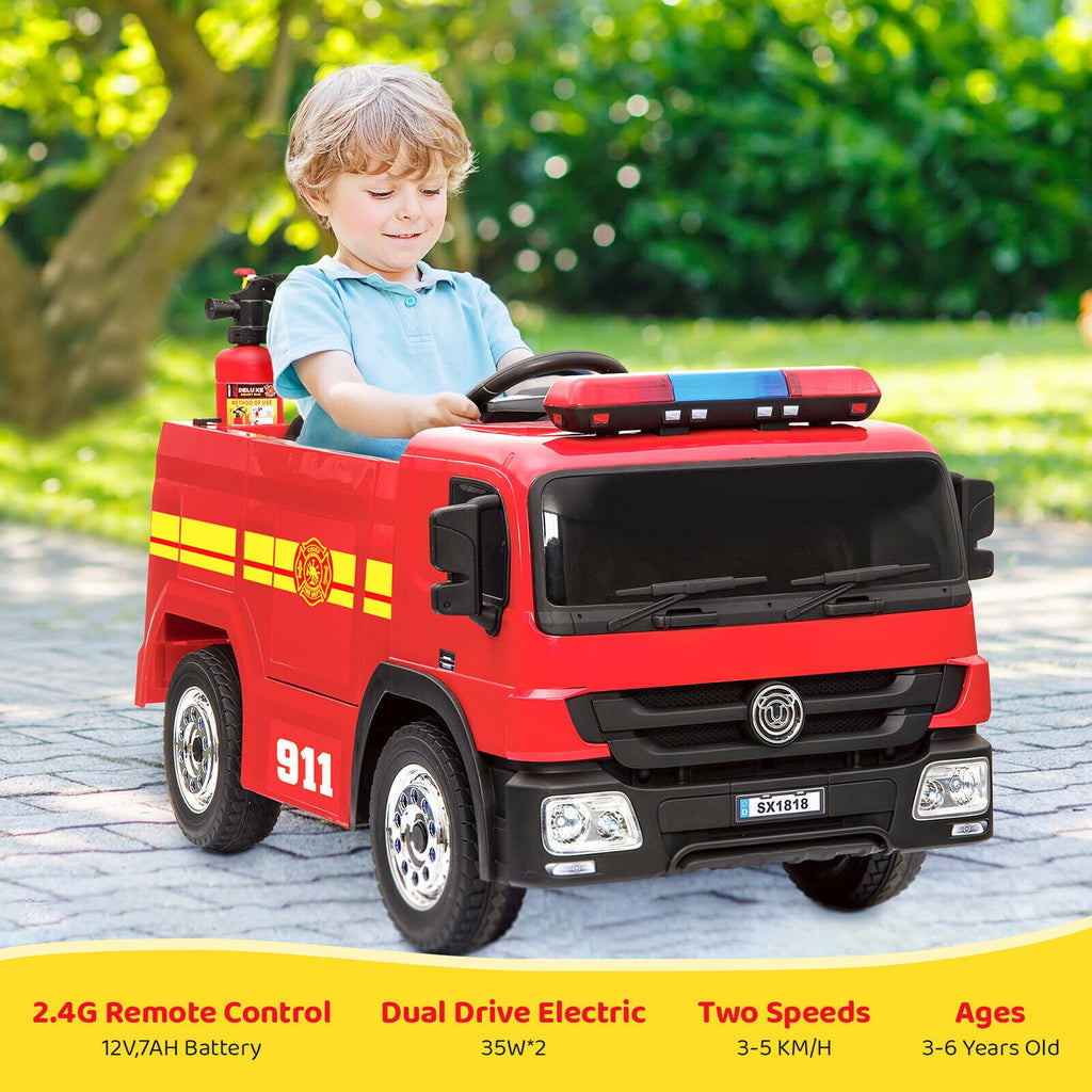Electric Fire Truck Ride-On Toy for Kids with Remote Control, LED Lights, and MP3 Player - 12V