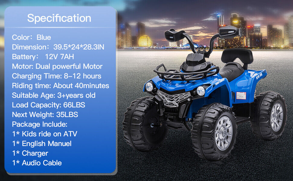 Electric Kids ATV Quad Car with LED Headlights - 12V Battery Powered Ride On Toy