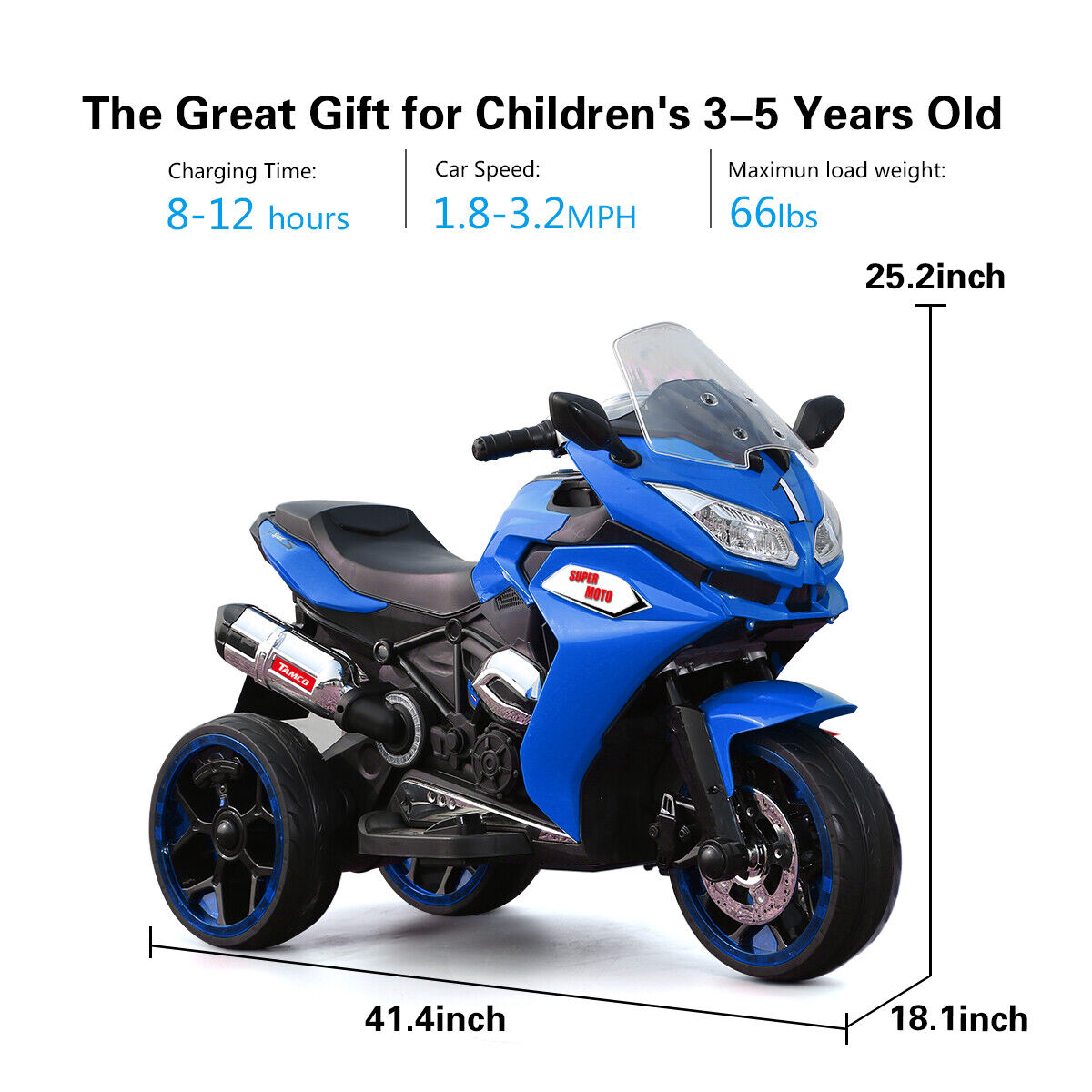 Electric Kids Motorcycle with LED Lights, Music, and Screen - Blue