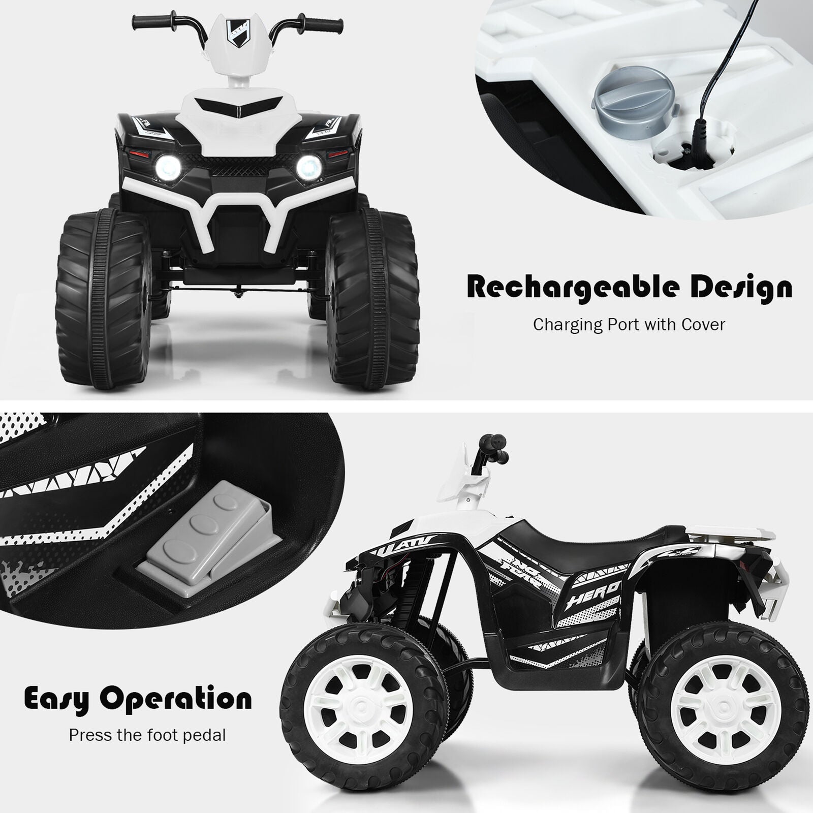 Electric Kids Ride On ATV 4-Wheeler Quad with Music and LED Lights - White