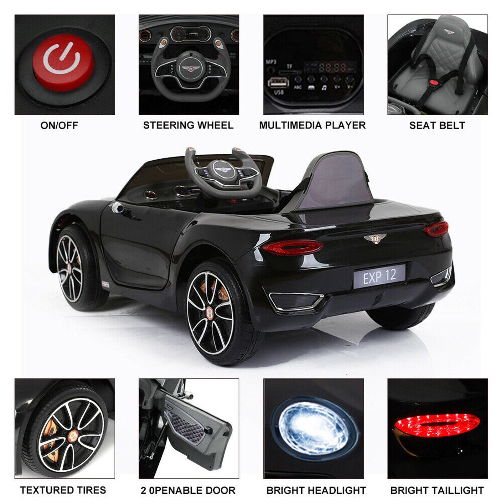 Electric Kids Ride-On Car Bentley Style with Remote Control and LED Lights - Black