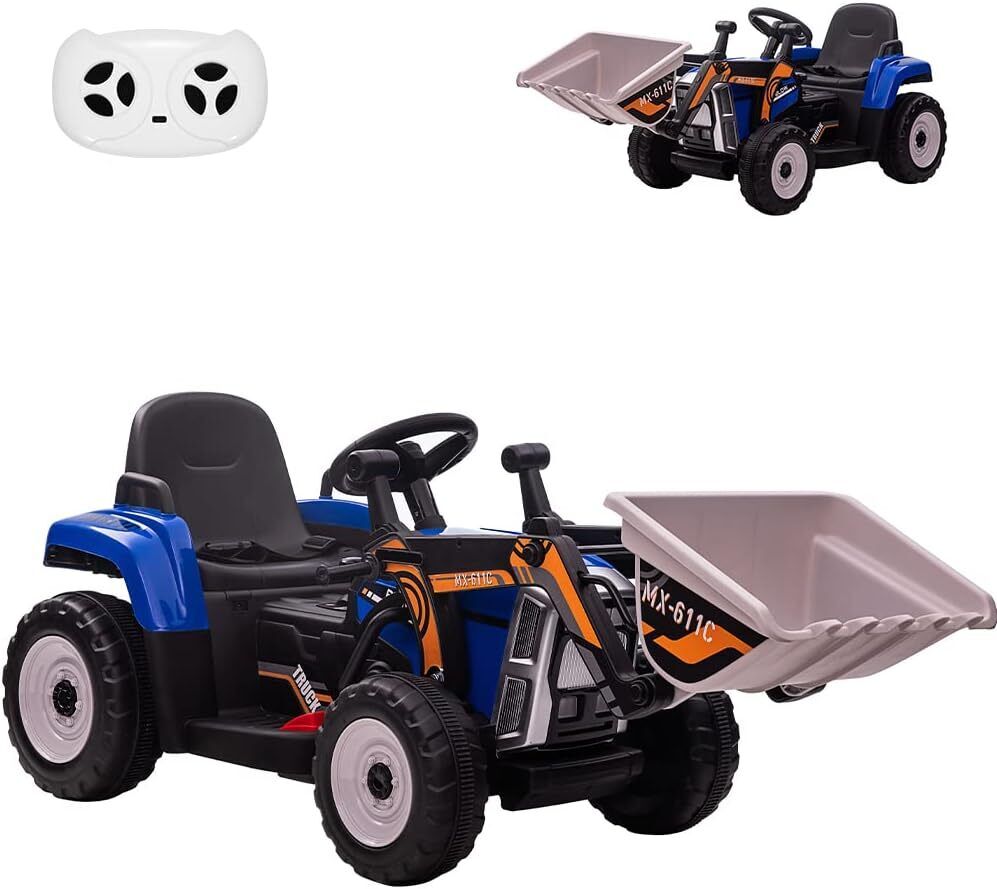 Electric Kids Ride-On Excavator Toy with Remote Control and Lights - Blue