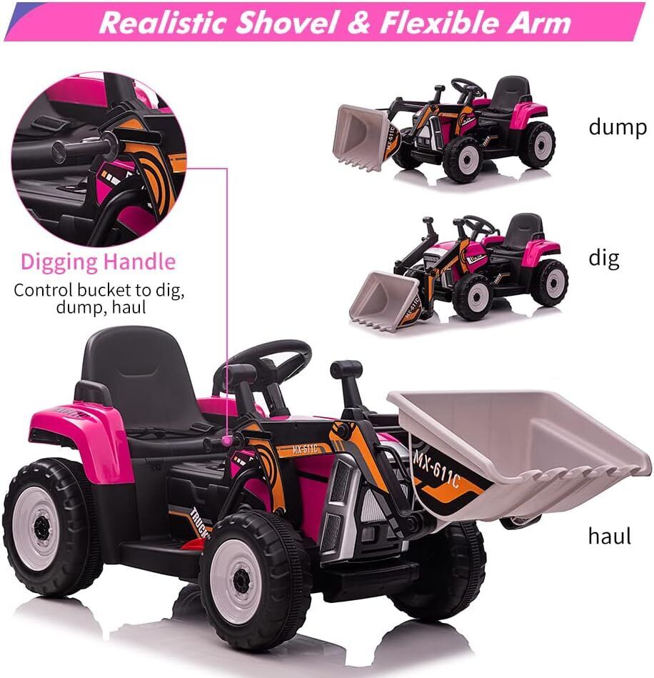 Electric Kids Ride-On Excavator with Remote Control - Rose Red