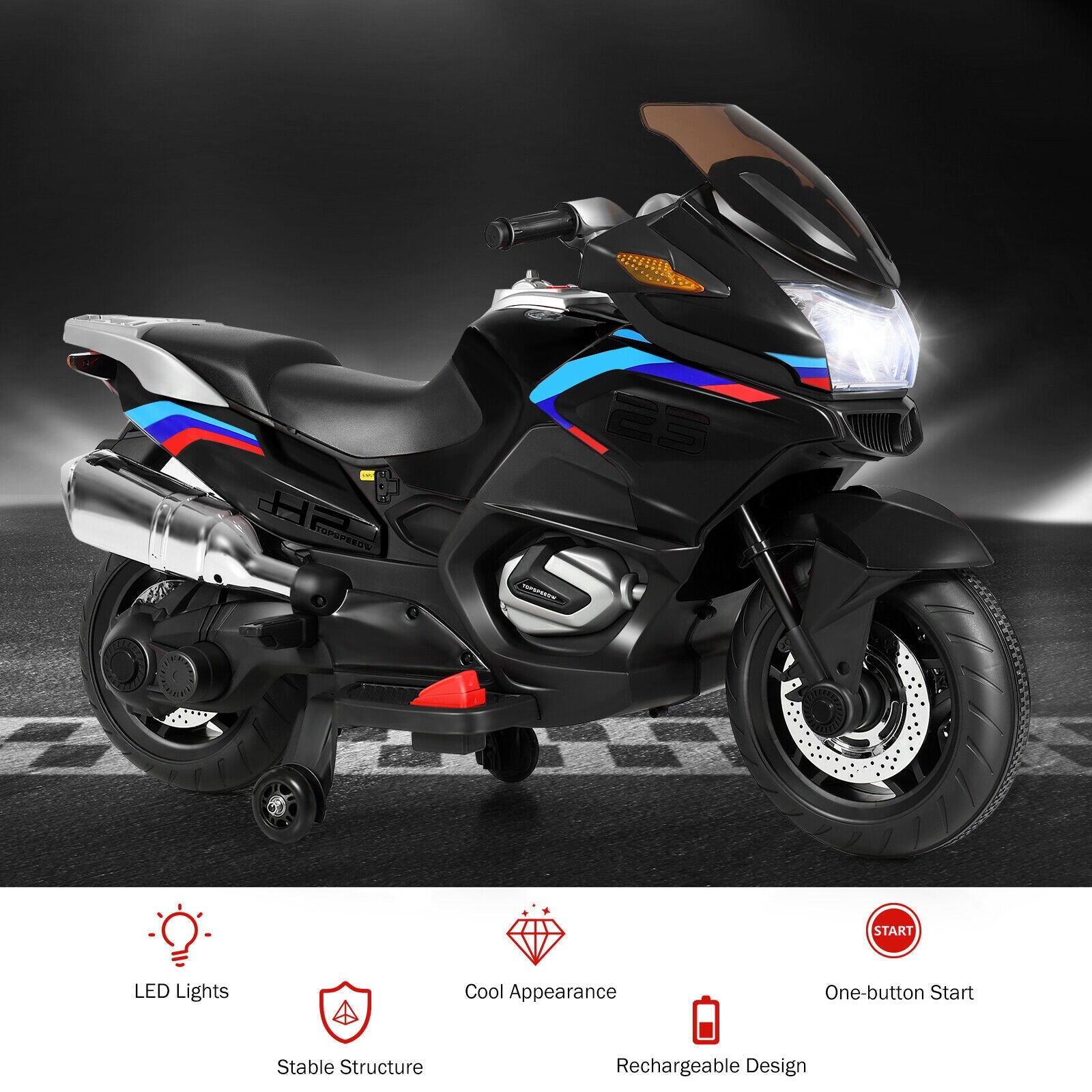 Electric Kids Ride-On Motorcycle with Training Wheels and Lights - Black