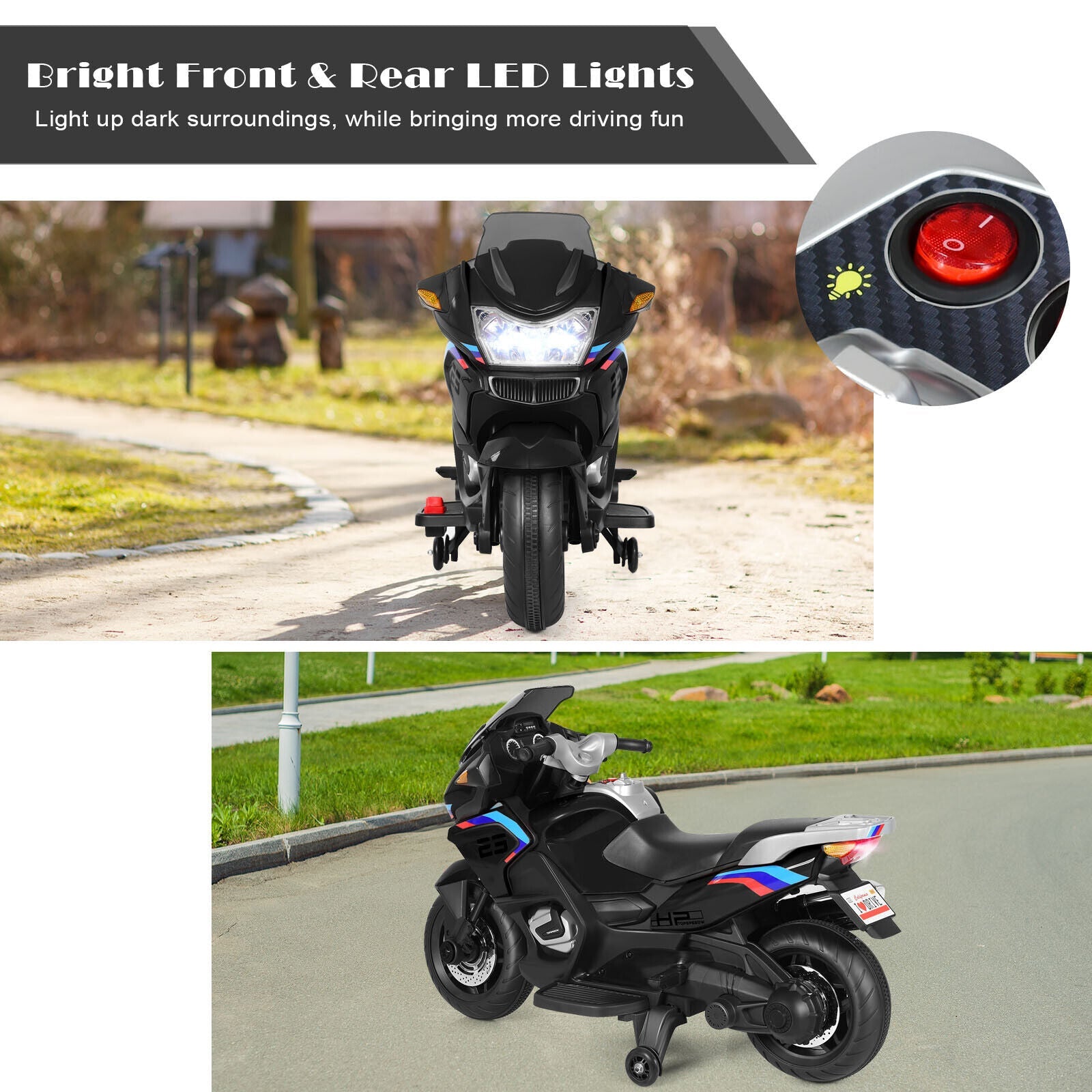 Electric Kids Ride-On Motorcycle with Training Wheels and Lights - Black