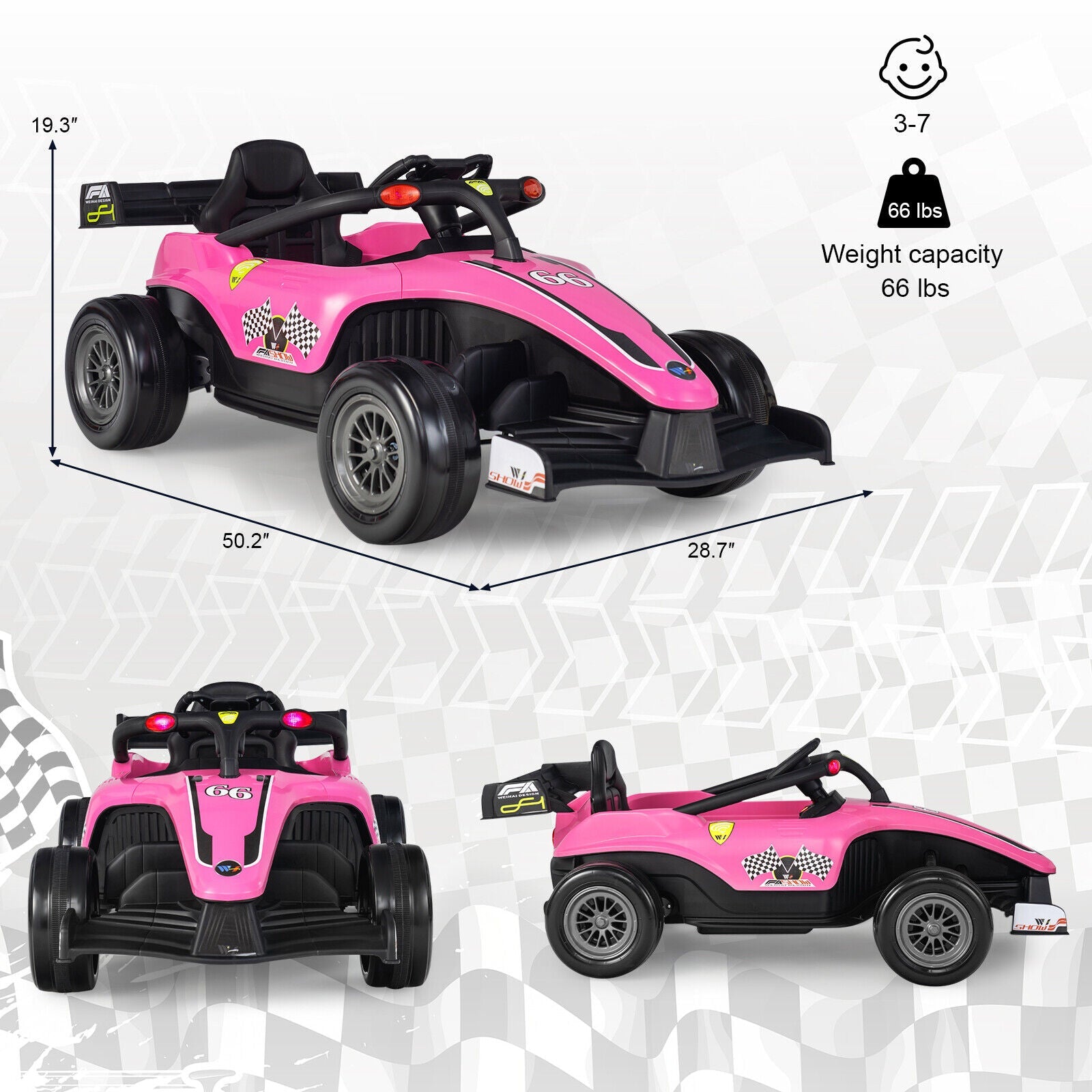 Electric Racing Truck for Kids with 2 Speeds, Remote Control, MP3, and Lights - Pink