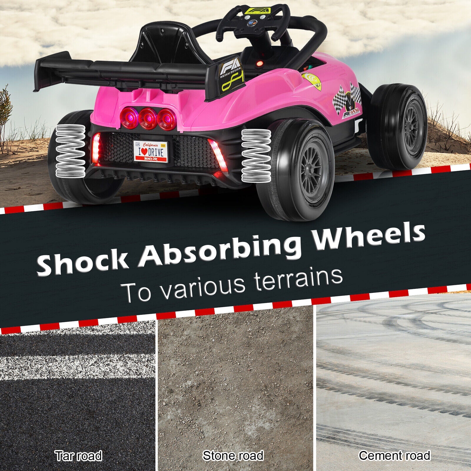 Electric Racing Truck for Kids with 2 Speeds, Remote Control, MP3, and Lights - Pink