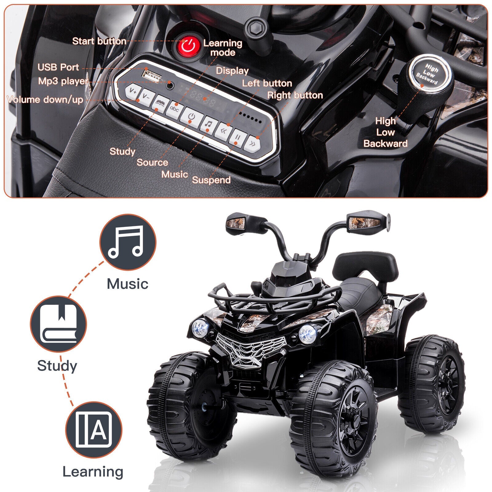 Electric Ride On ATV 4-Wheeler Quad Car Toy for Kids 3-8 Years Old with MP3 and 2-Speed Options