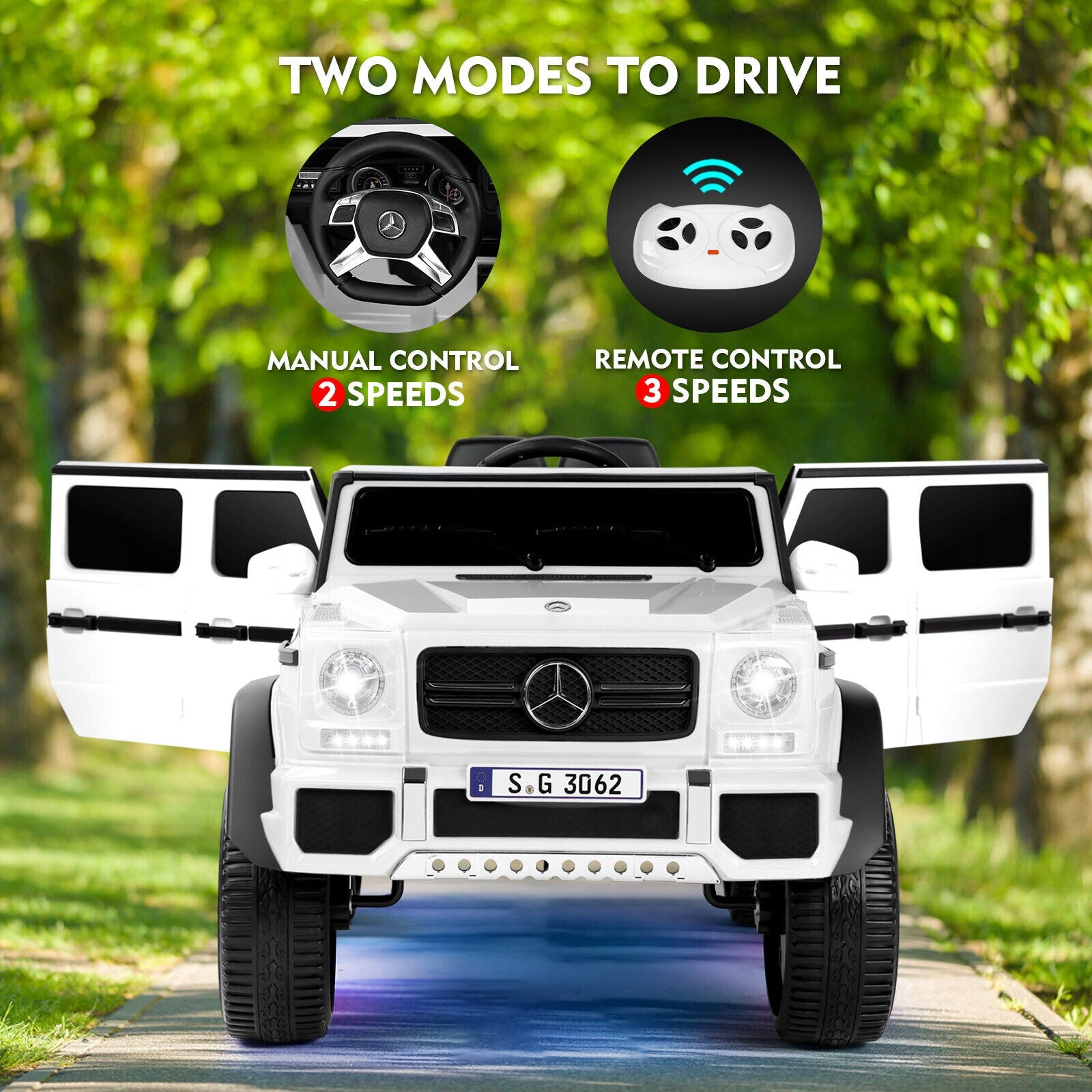 Electric Ride-On Car for Kids with Music, LED Lights, and Remote Control - 3 Speeds - White