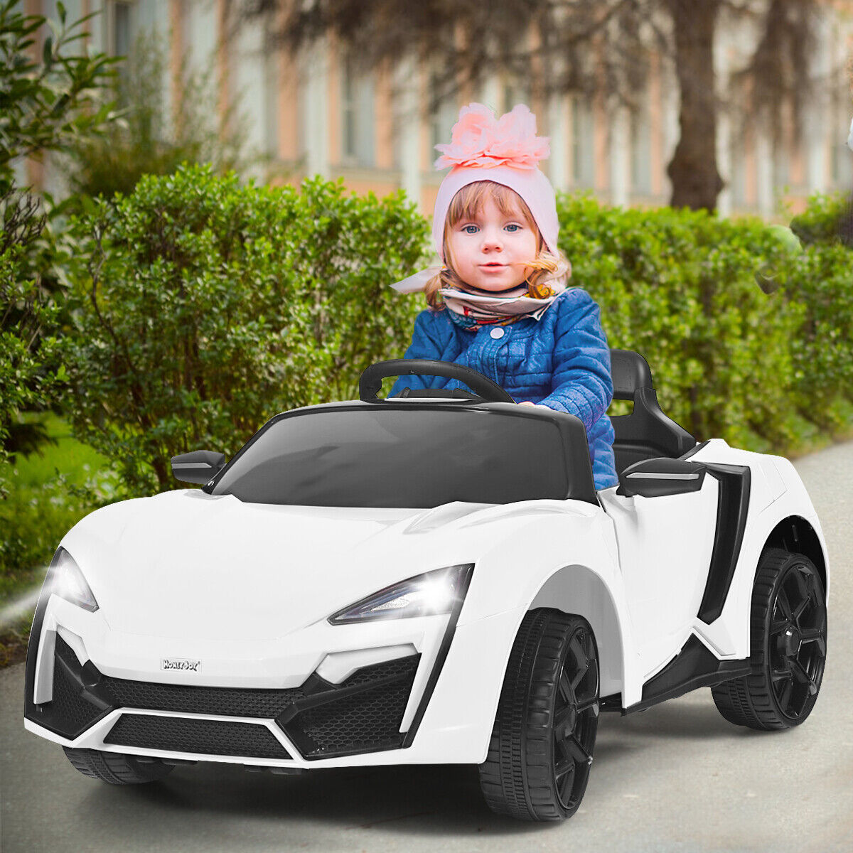 Electric Ride-On Car for Kids with Remote Control, Lights, Music, and Openable Doors - White