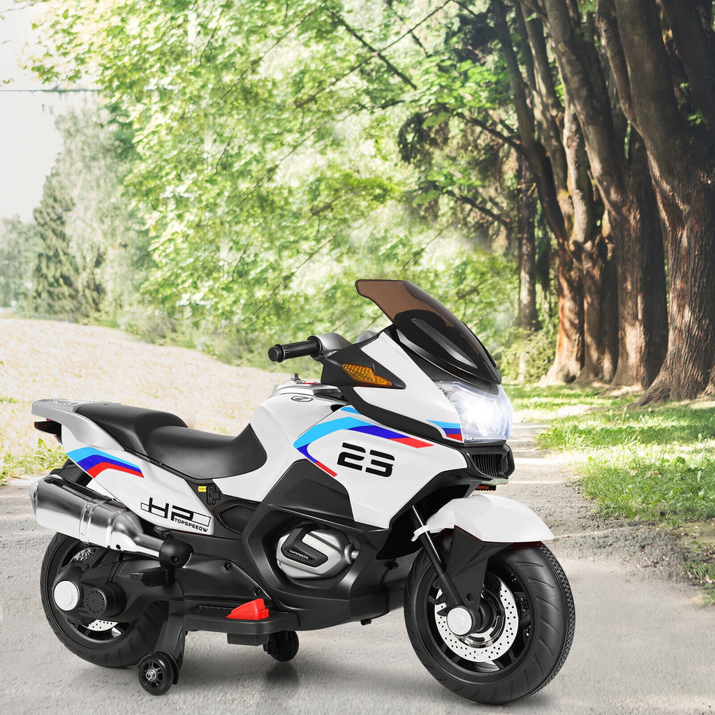 Electric Ride-On Motorcycle for Kids with LED Lights - White