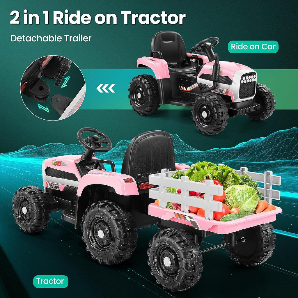 Electric Ride-On Tractor for Kids with Remote Control, LED Lights, and Music Player