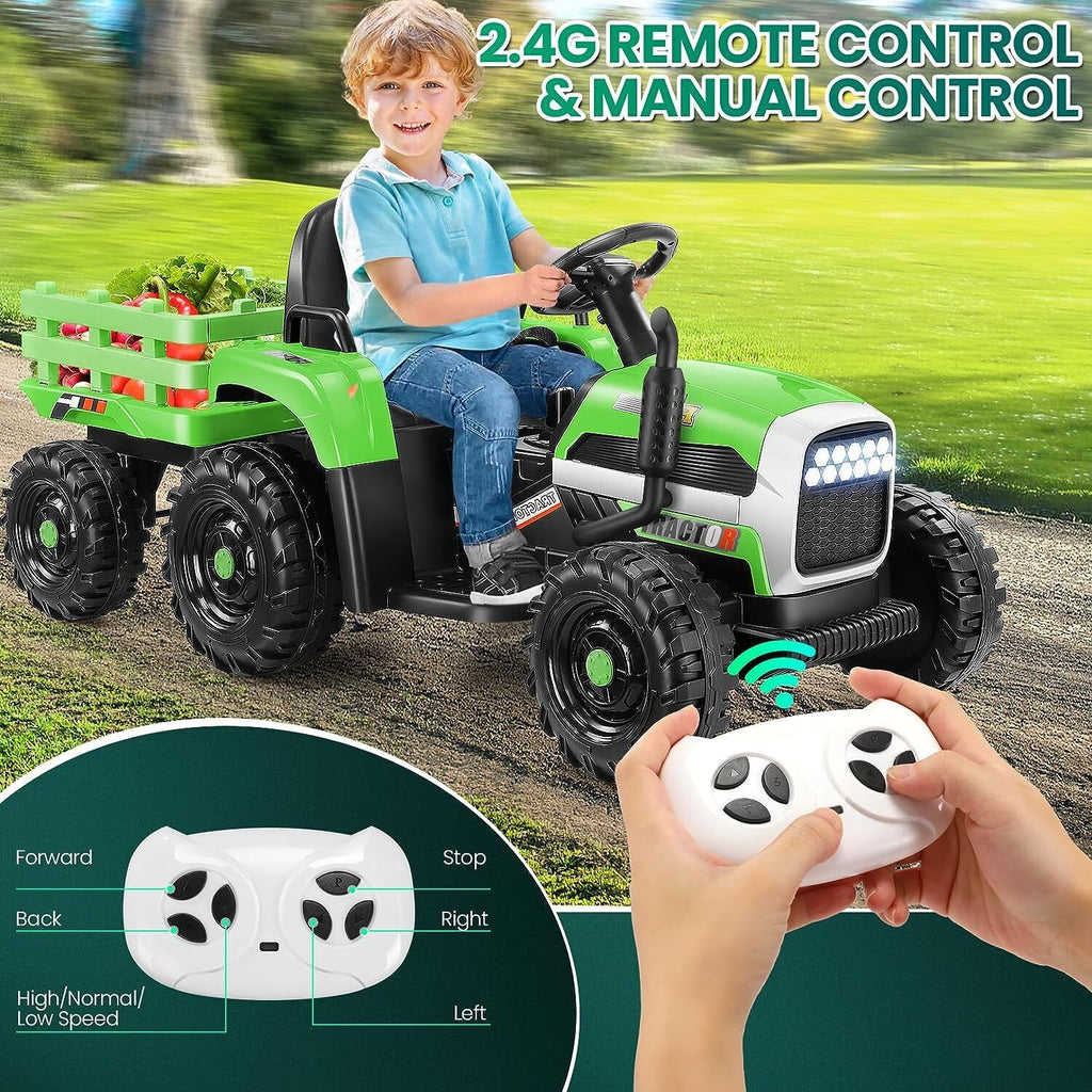 Electric Ride-On Tractor for Kids with Remote Control, LED Lights, and Music Player