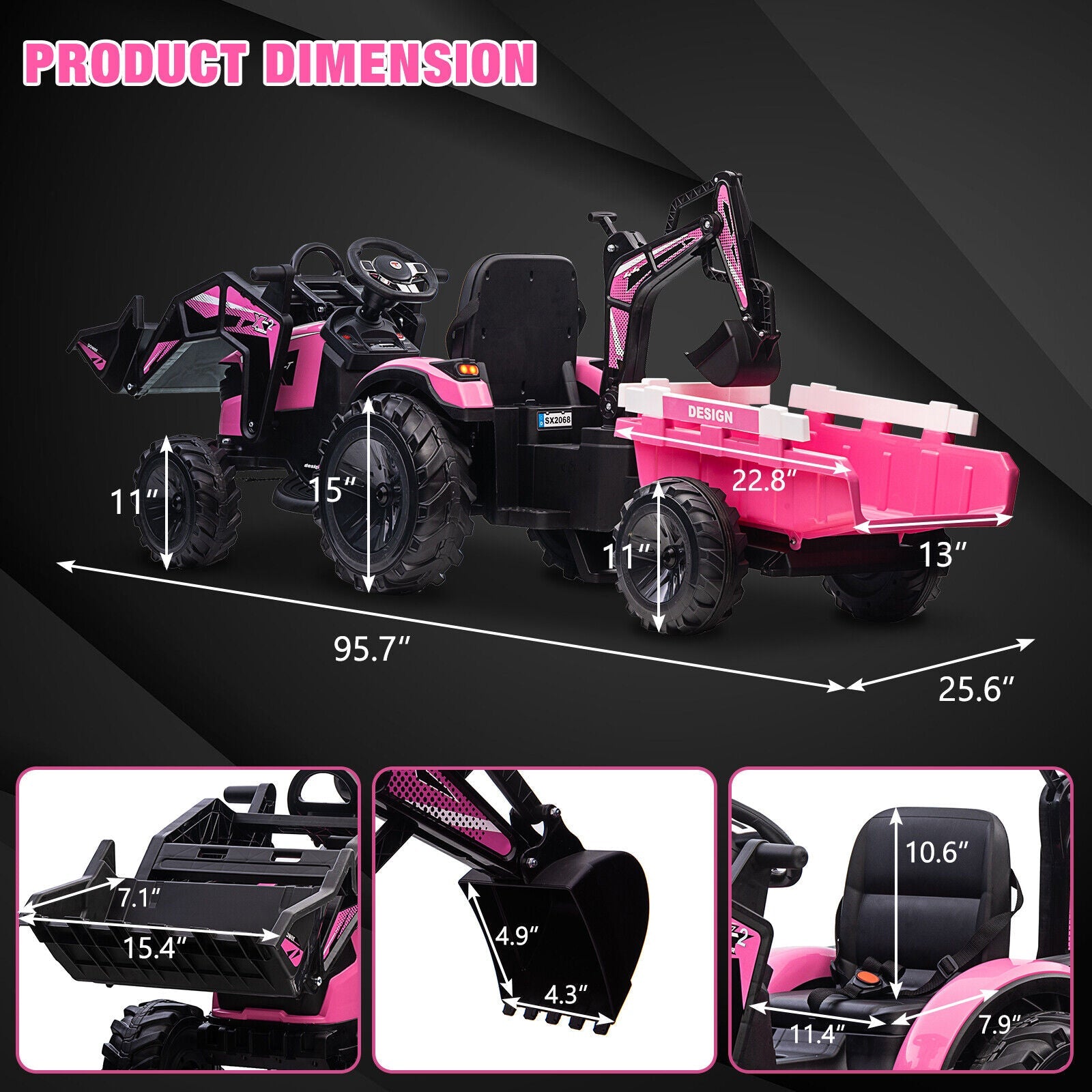 Electric Ride-On Tractor with Excavator, Bulldozer, and Trailer for Kids (24V)