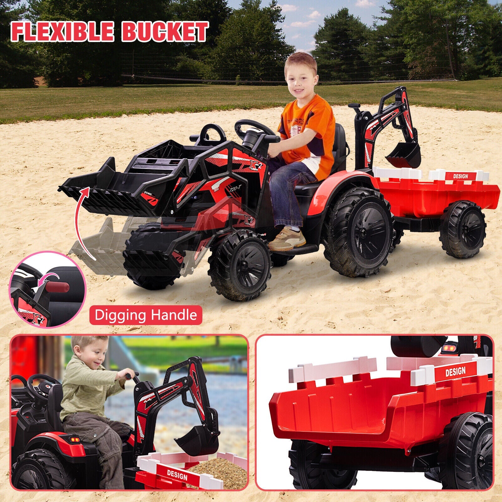 Electric Ride-On Tractor with Excavator, Bulldozer, and Trailer for Kids (24V)