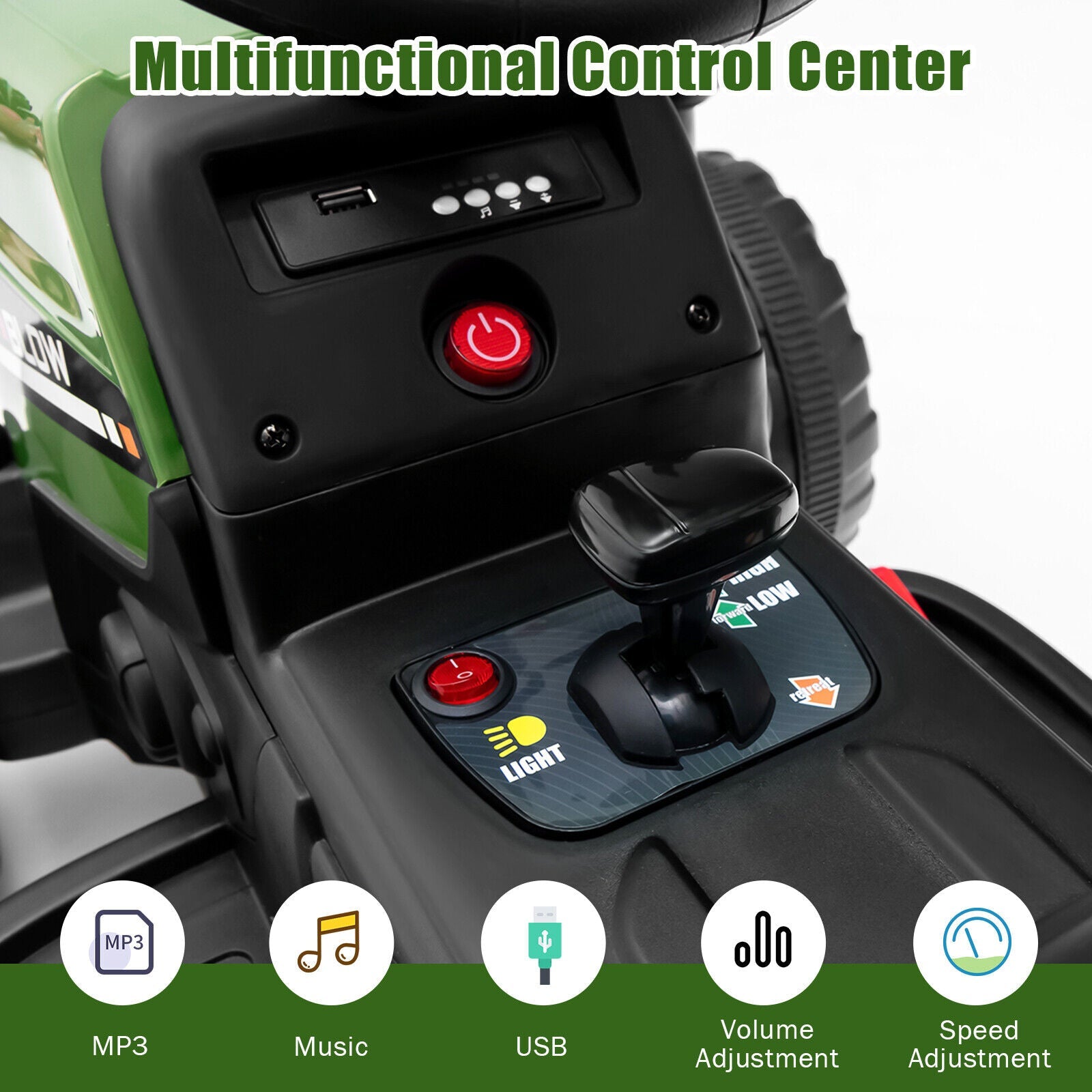 Electric Ride-On Tractor with Trailer and Remote Control - Dark Green with Lights