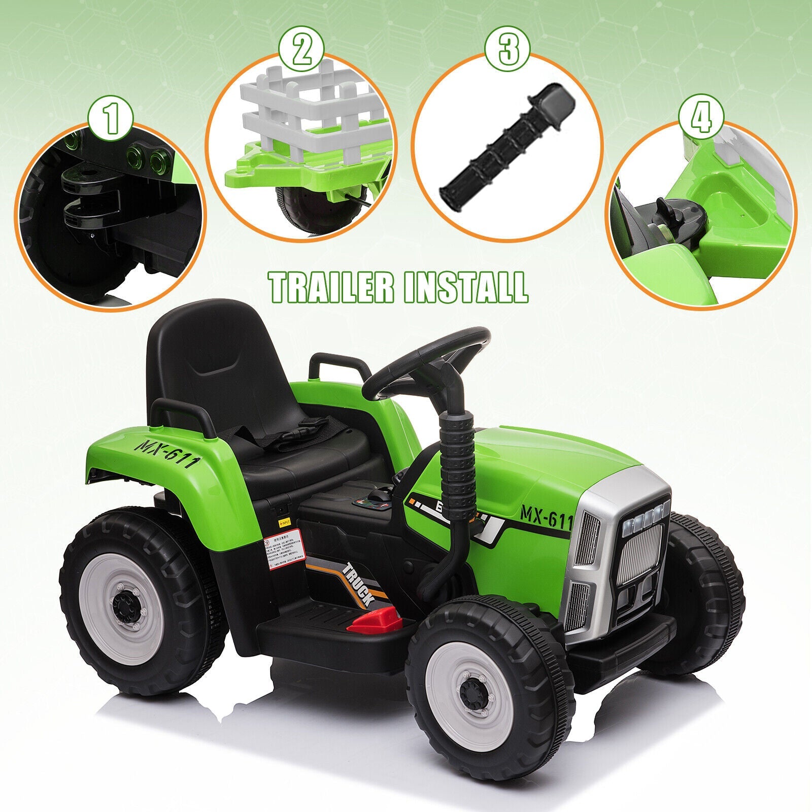 Electric Ride-On Tractor with Trailer and Remote Control for Kids (12V)