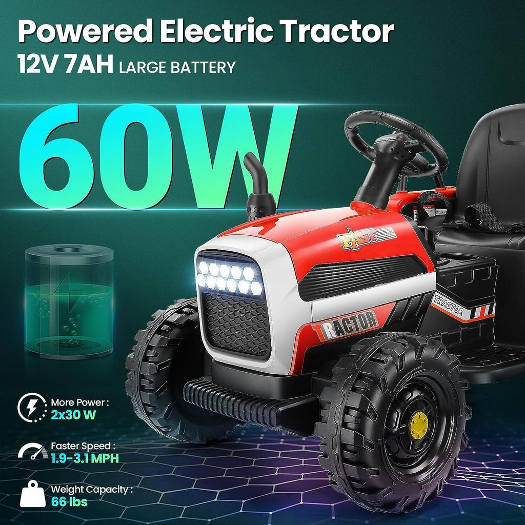 Electric Ride-On Tractor with Trailer for Kids - Remote Controlled 12V Toy Vehicle