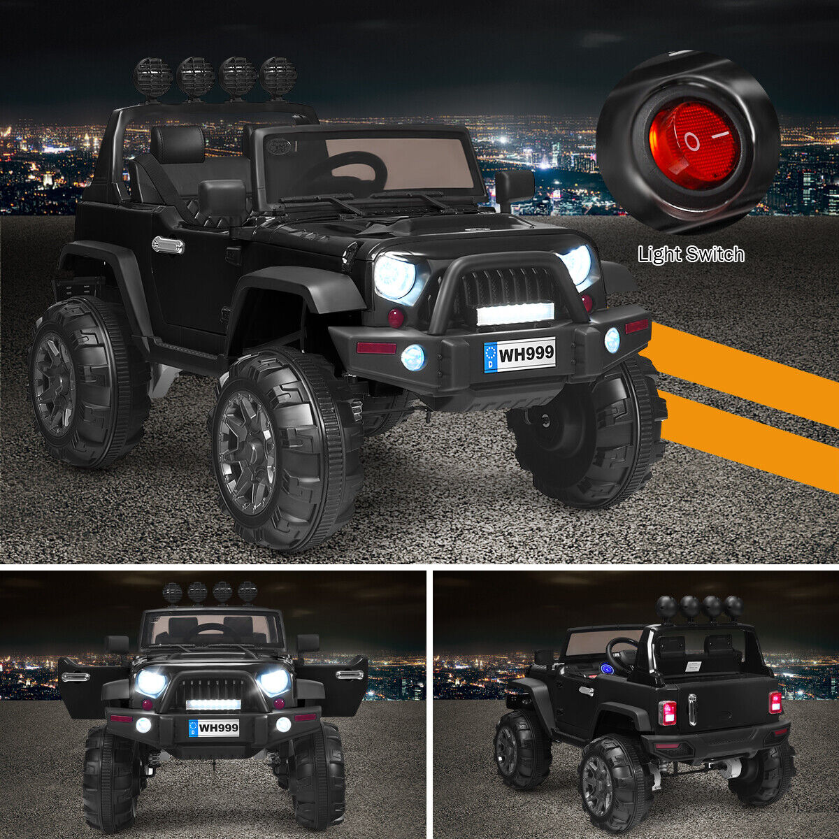 Electric Ride-On Truck for Kids with RC Control, Spring Suspension, Lights, Music, and Trunk - Black