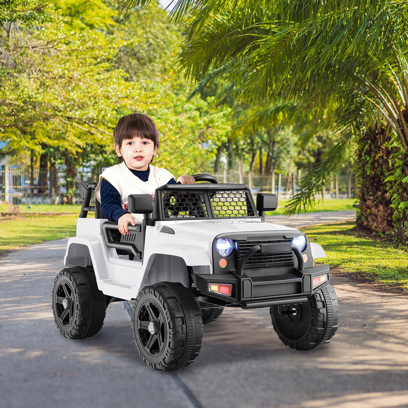 Electric Ride-On Truck for Kids with Remote Control, Lights, and Music - White