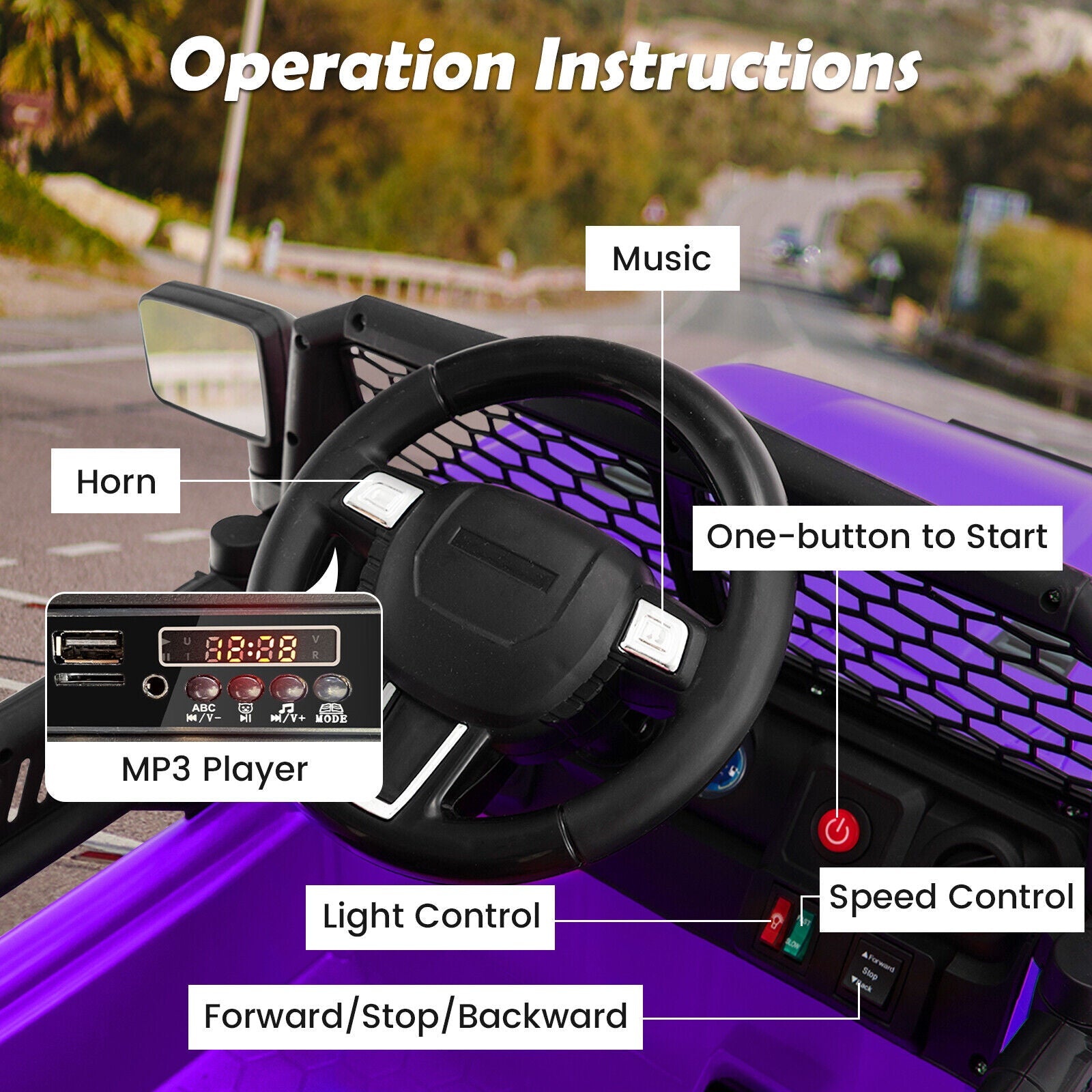 Electric Ride-On Truck for Kids with Remote Control, Music, and Lights - Purple