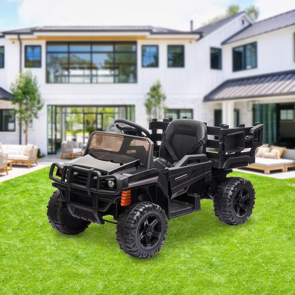 Electric Ride-On Truck with Music, Lights, and Detachable Trailer for Kids - Black