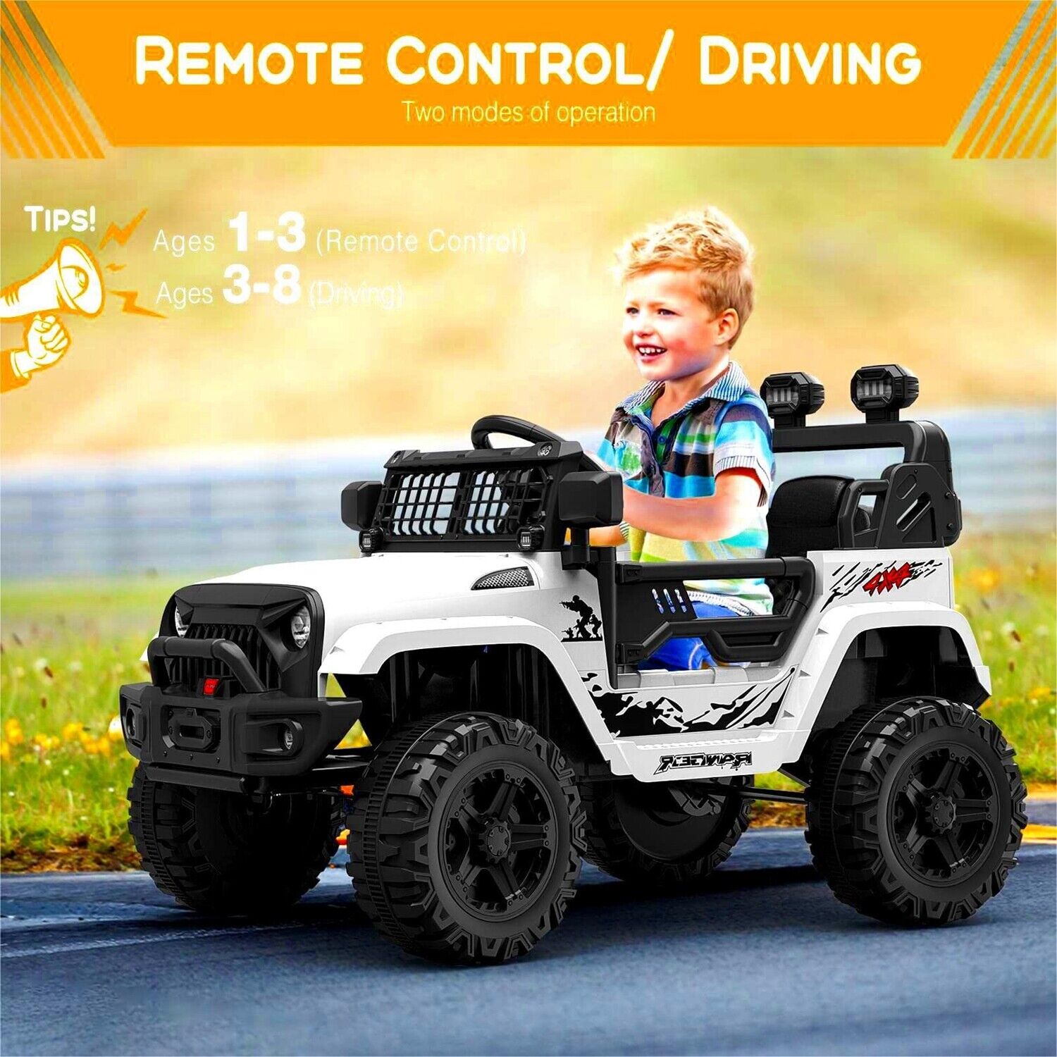Jeep-Inspired 12V Ride-On Truck for Kids Ages 3-8, White