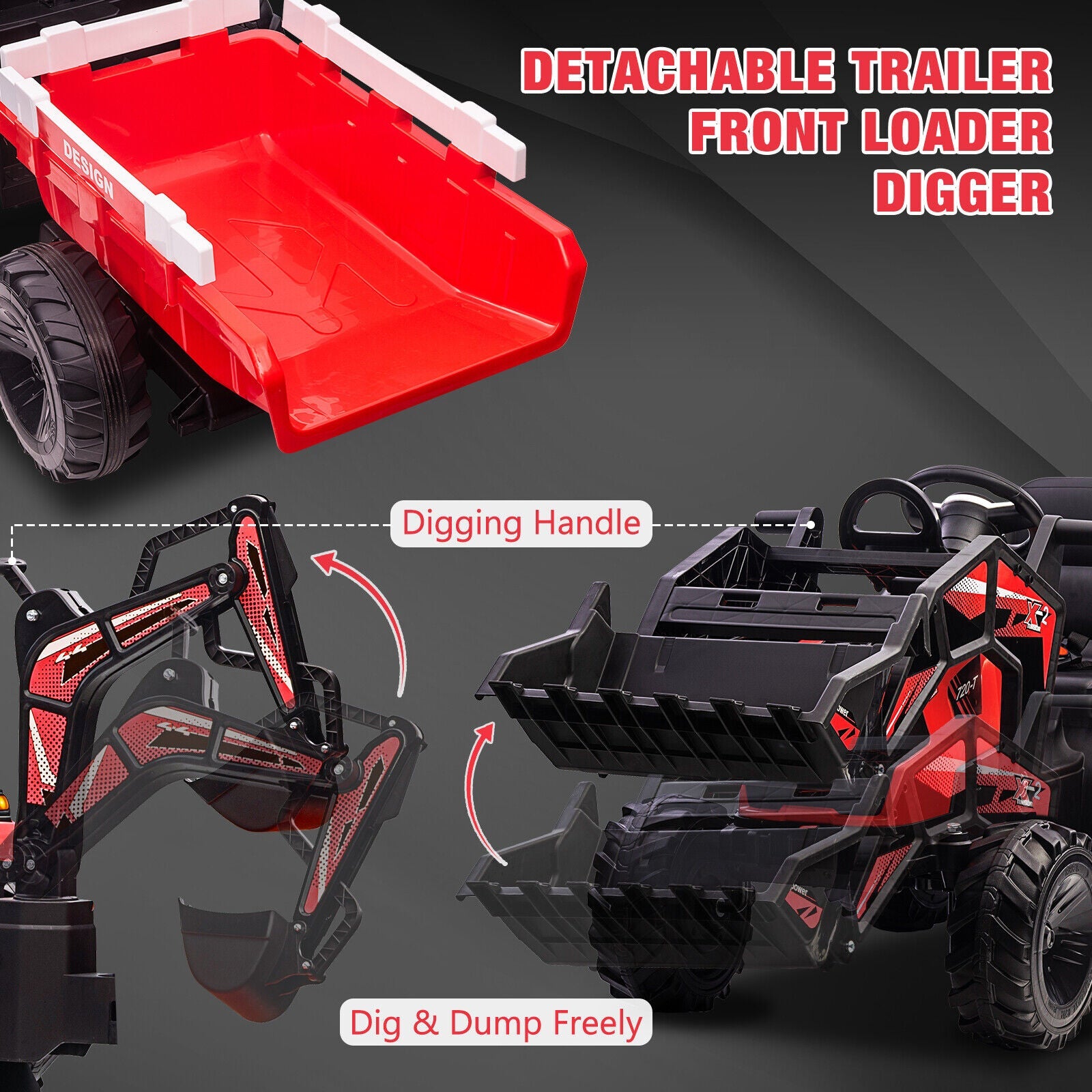 Electric Tractor Ride-On Toy Car for Kids with Trailer & LED Lights - 12V Battery Powered