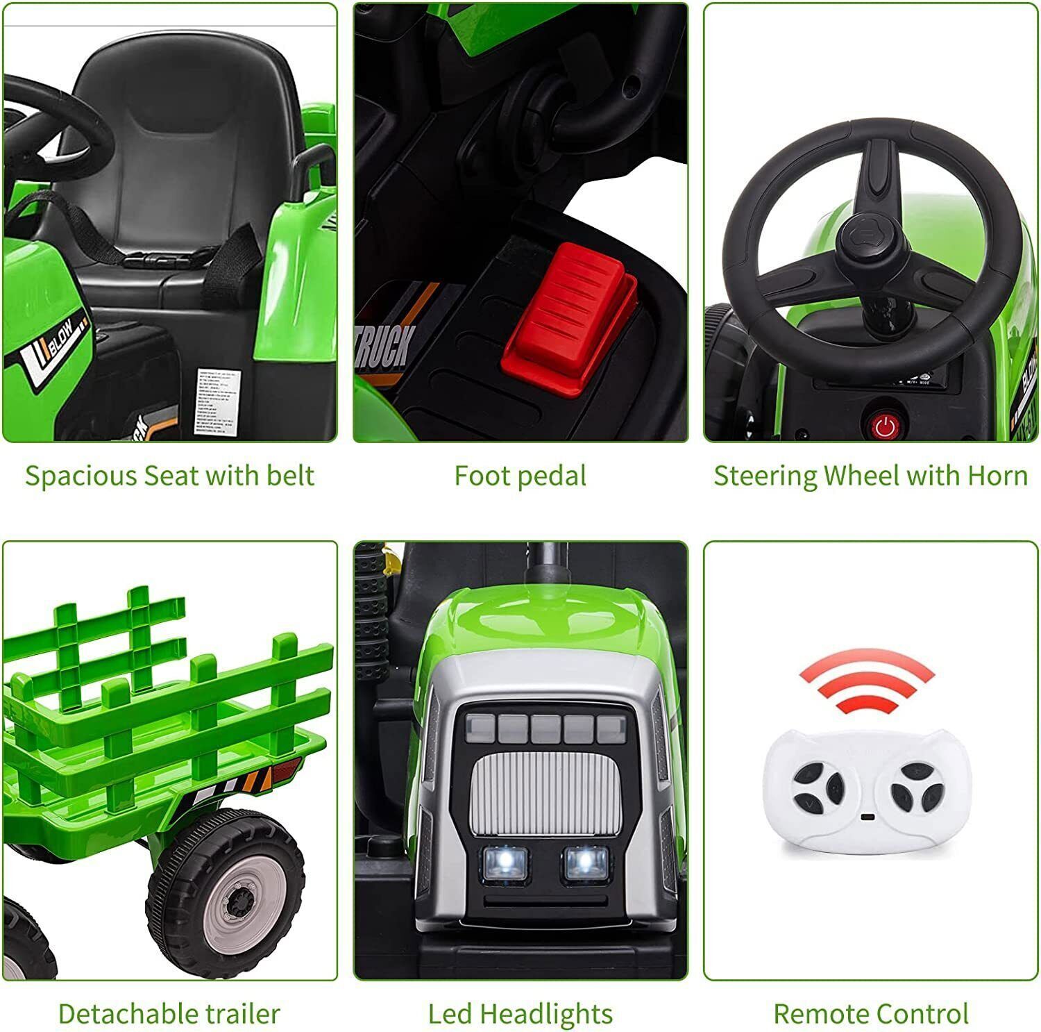 Electric Tractor Ride-On Toy with Trailer and LED Lights for Kids - 12V Battery Powered
