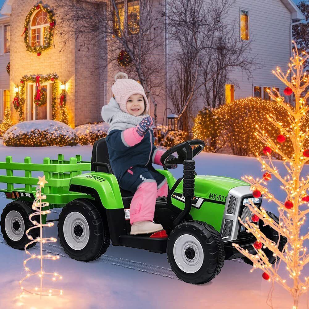 Electric Tractor Ride-On Toy with Trailer and LED Lights for Kids - 12V Battery Powered