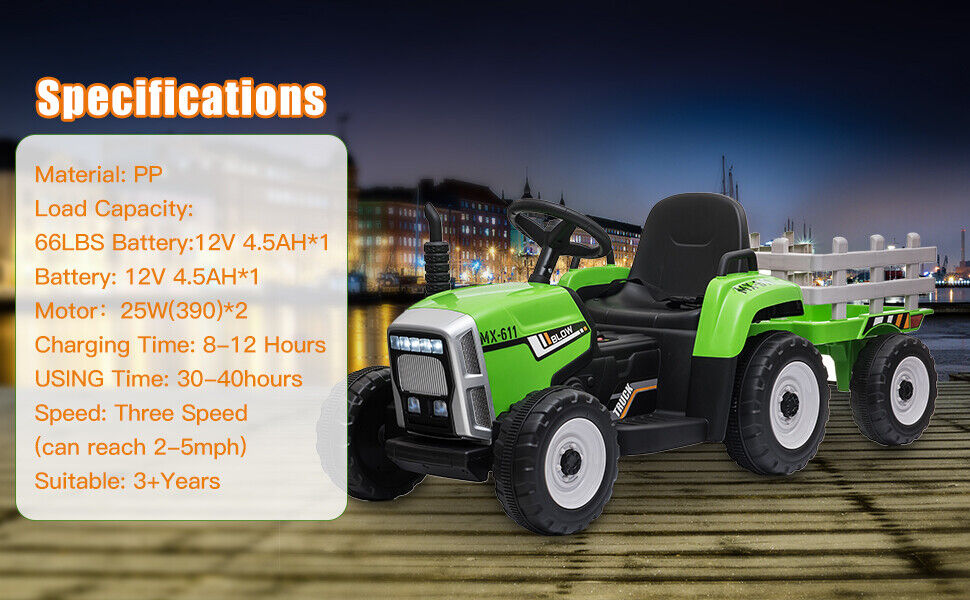 Electric Tractor Ride-On with Trailer and Remote Control for Kids - LED Headlights Included