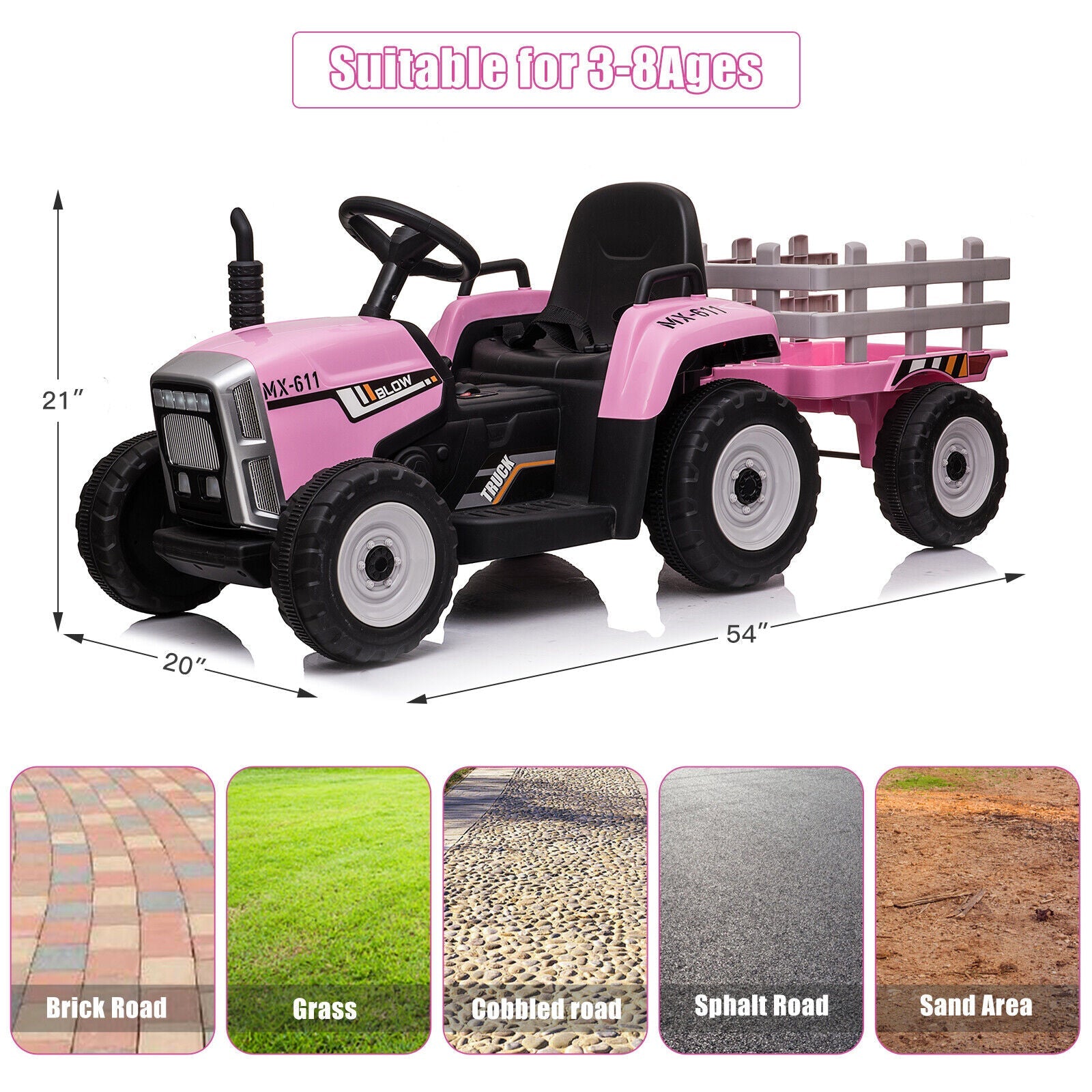 Electric Tractor Ride-On with Trailer and Remote Control for Kids - LED Headlights Included