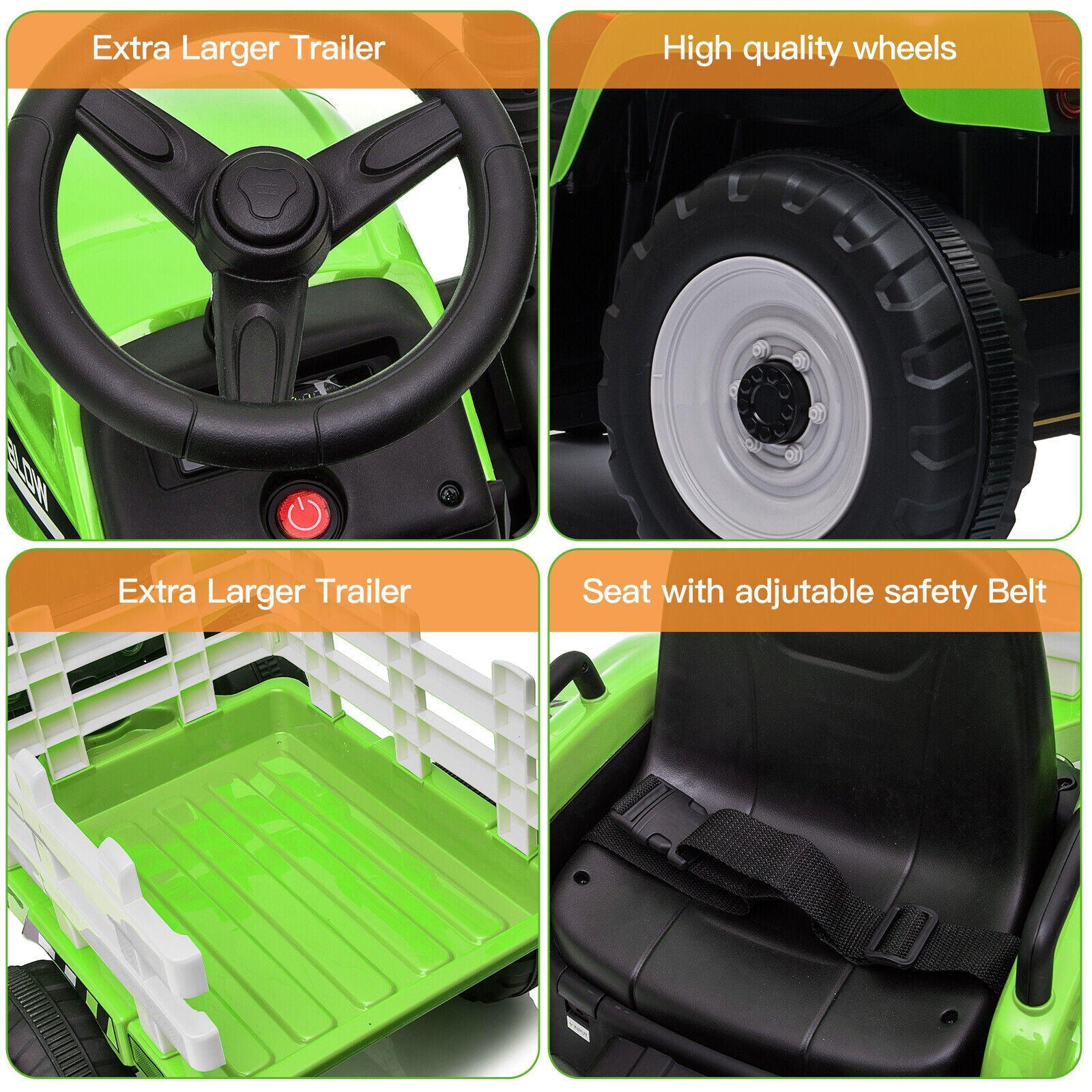 Green Electric Tractor with Trailer Ride-On Toy for Toddlers (12V) - Remote Control Included