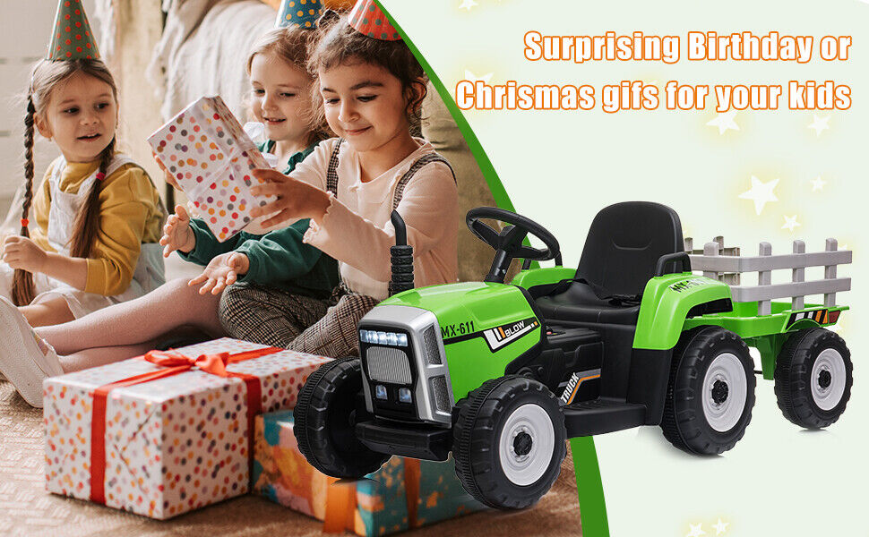 Green Electric Tractor with Trailer Ride-On Toy for Toddlers (12V) - Remote Control Included