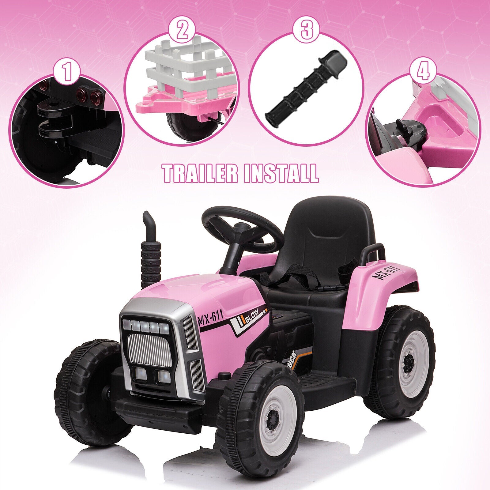 12V Pink Electric Ride-On Tractor with Trailer Bucket for Kids