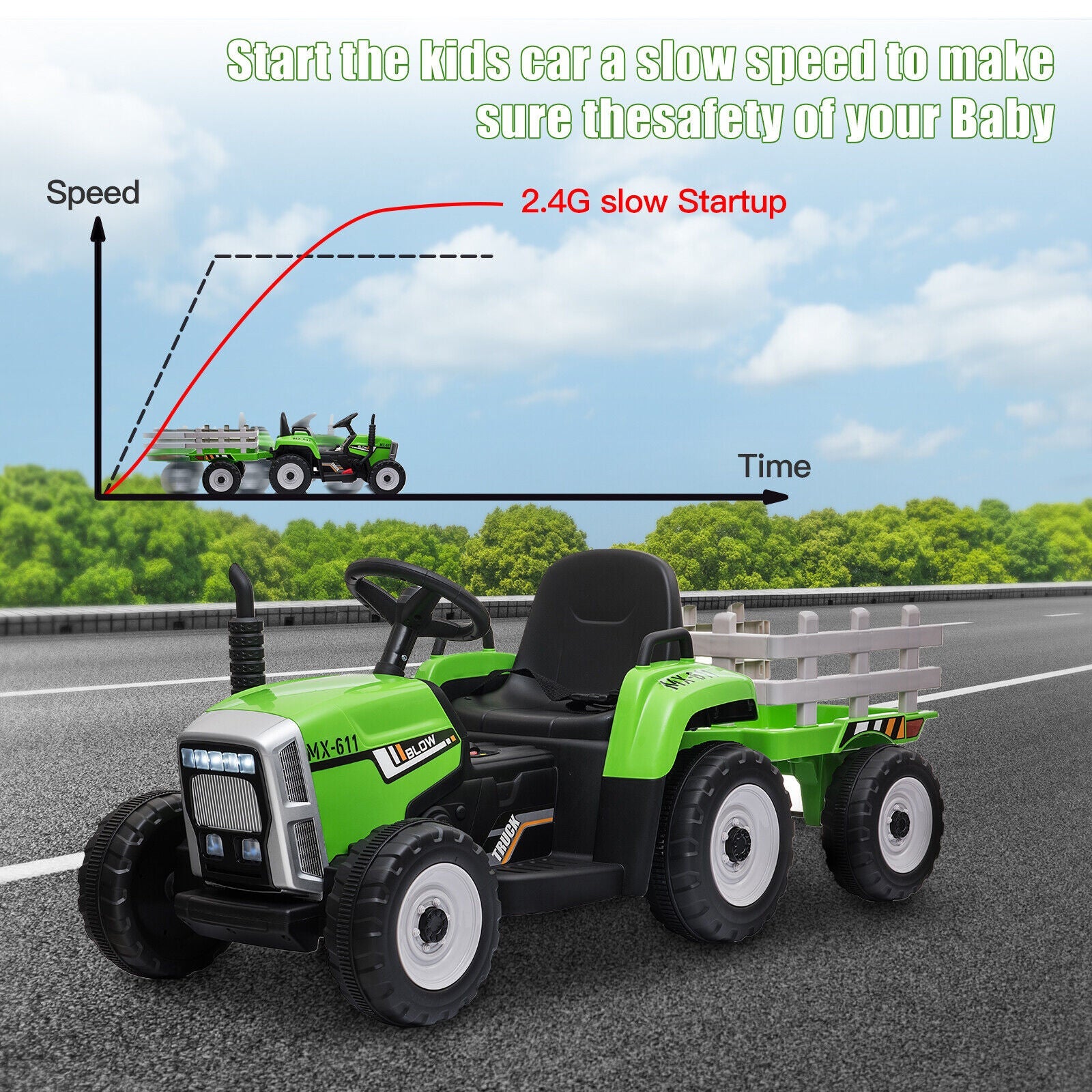 Green 12V Electric Tractor with Trailer for Kids - Remote Control Ride On Toy for Toddlers