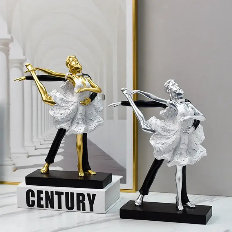 Elegant black & white ballet dance girl double statue living room decor
