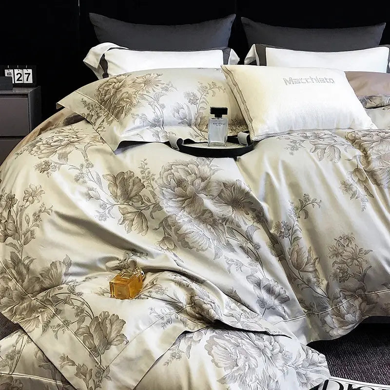 Elegant cream satin floral 1200tc egyptian cotton bedding set bedroom