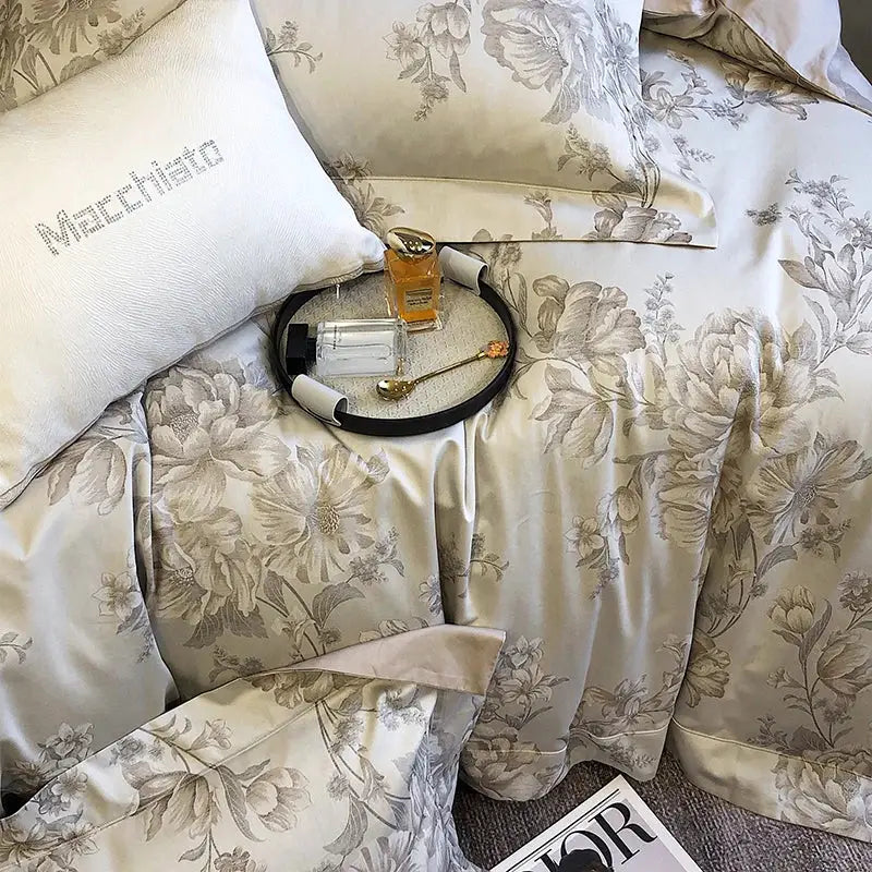 Elegant cream satin floral 1200tc egyptian cotton bedding set bedroom