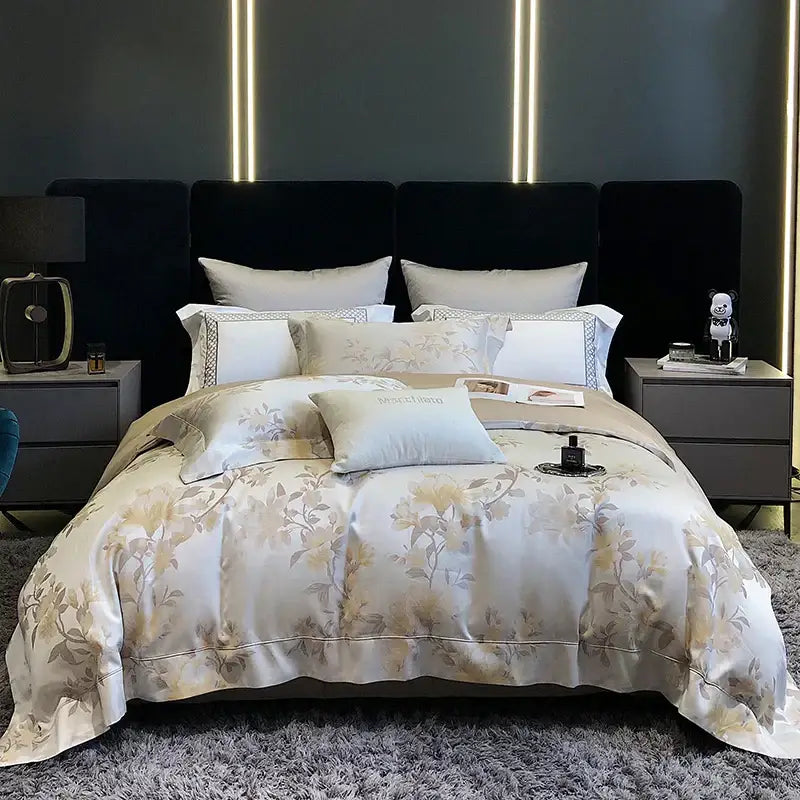 Elegant cream satin floral 1200tc egyptian cotton bedding set bedroom