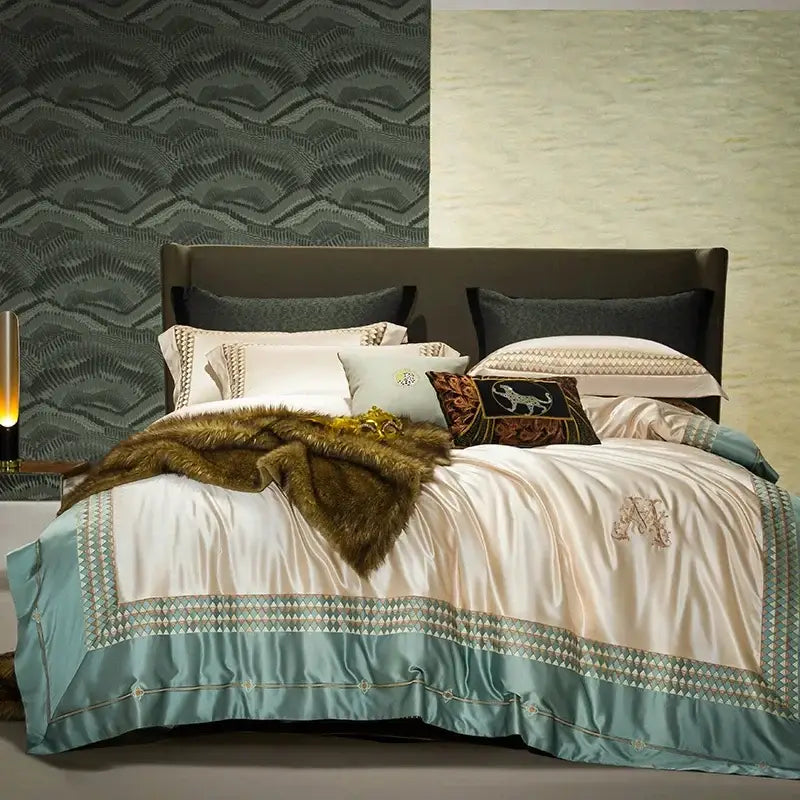Elegant cream & teal 1200tc egyptian cotton bedding set bedroom
