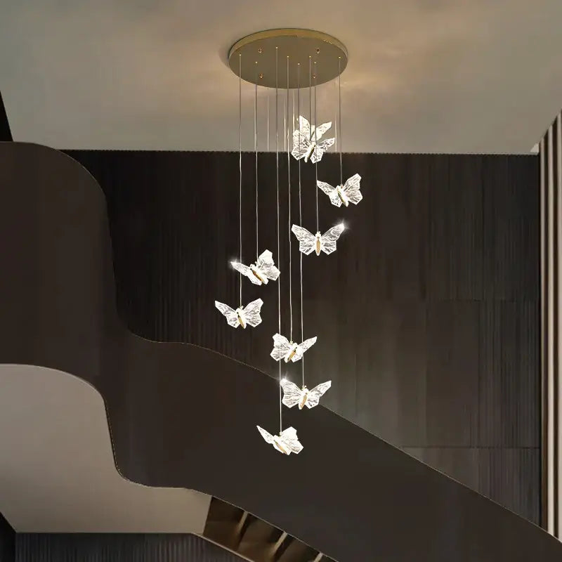 Elegant gold crystal butterfly ladder pendant lights for stairs