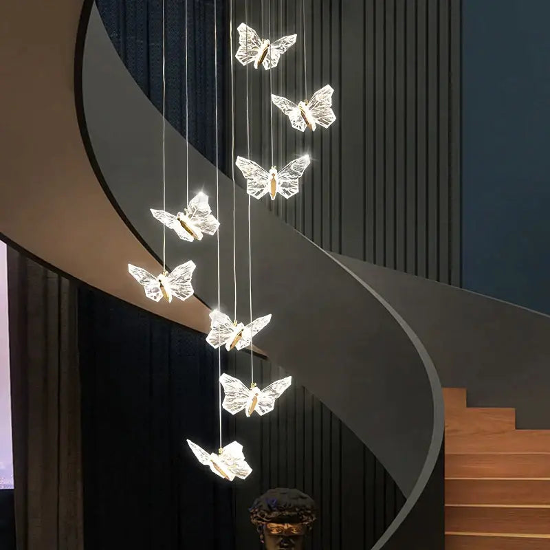 Elegant gold crystal butterfly ladder pendant lights for stairs